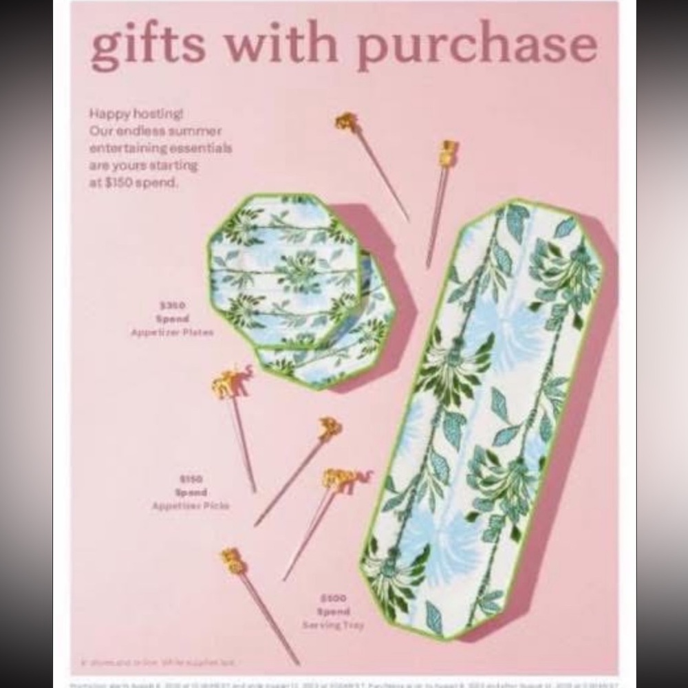 NWT LILLY PULITZER GWP SERVING TRAY 2 SETS APPETIZER PICKS 4 SET APPETIZER PLATE